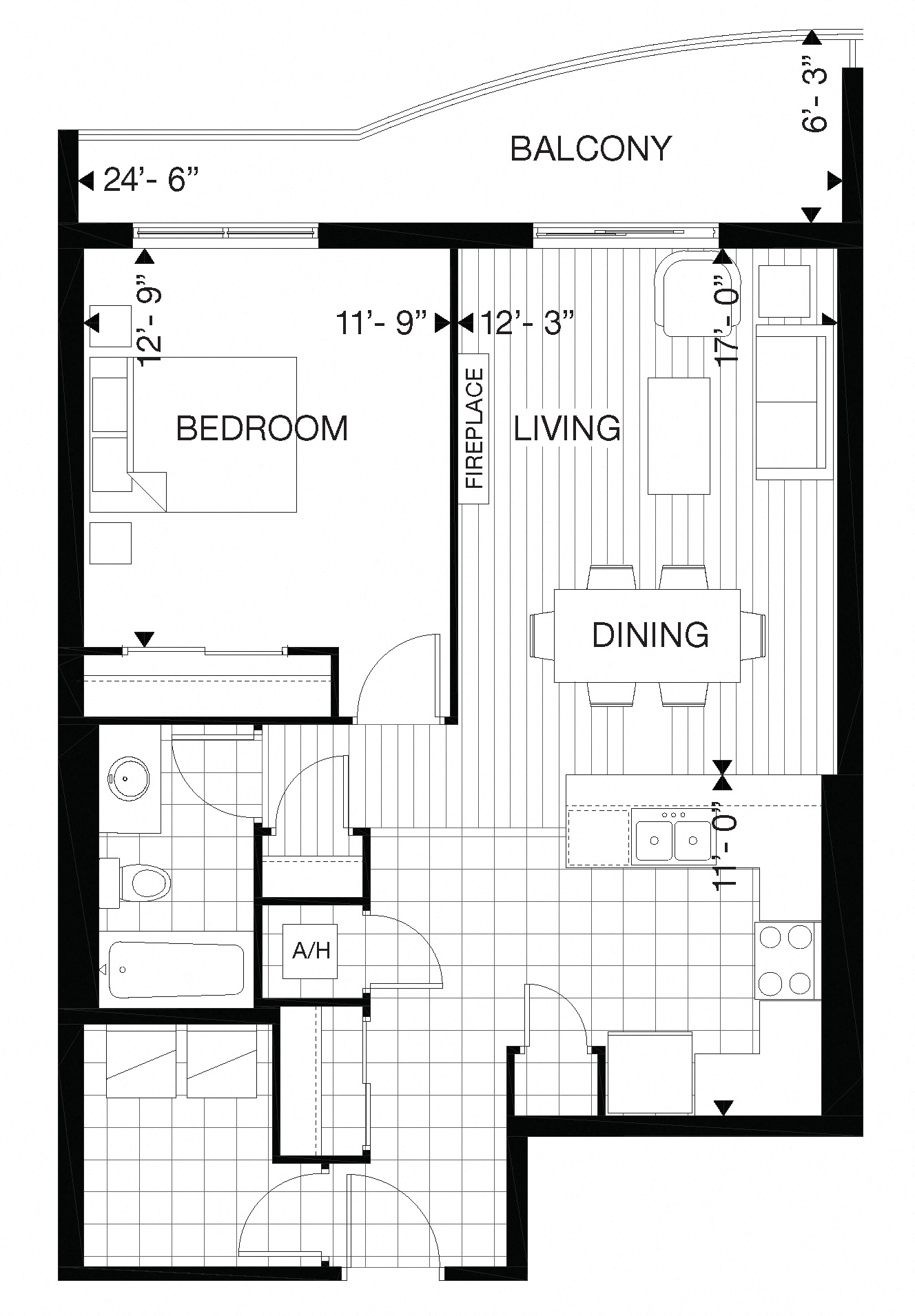 Floor plan for 1 bed, 1 bath, 810 sqft