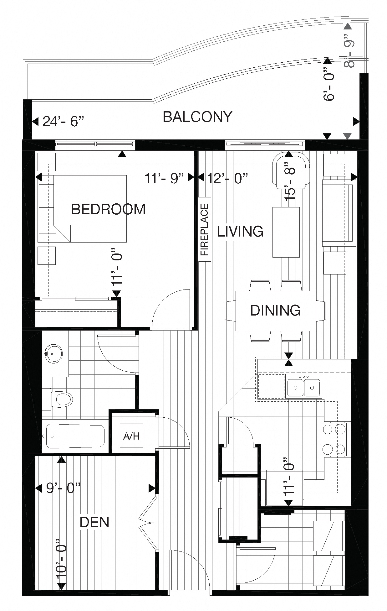 Floor plan for 1 bed, 1 bath, 860 sqft