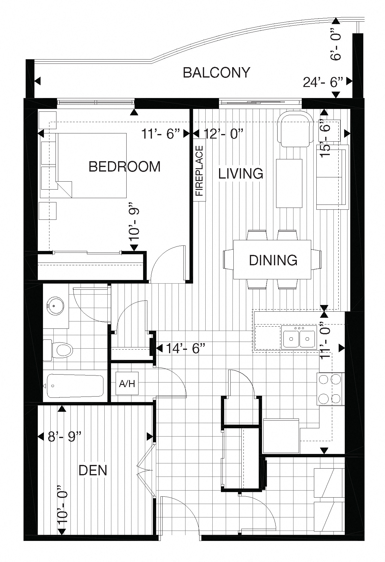 Floor plan for 1 bed, 1 bath