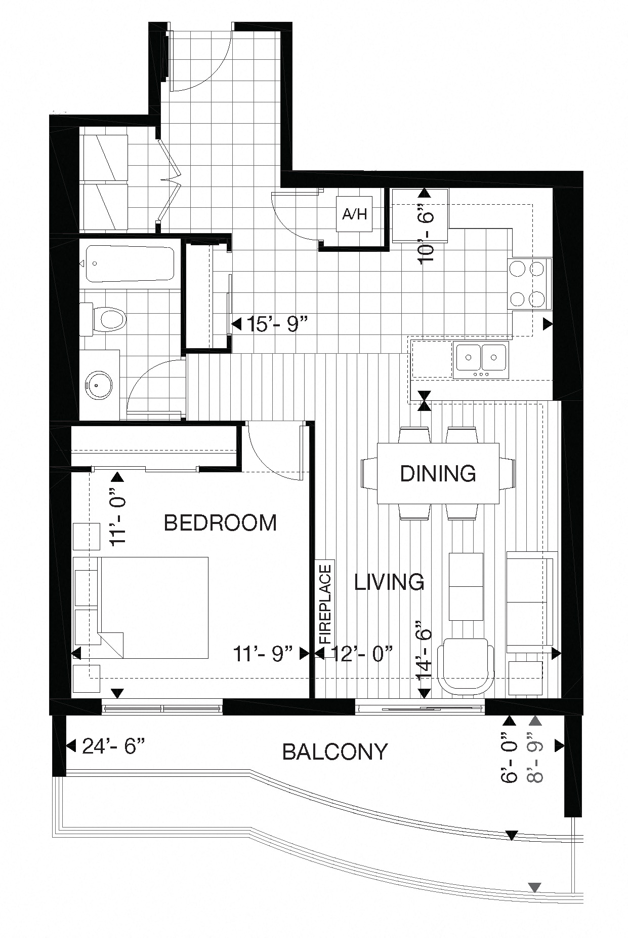 Floor plan for 1 bed, 1 bath, 735 sqft