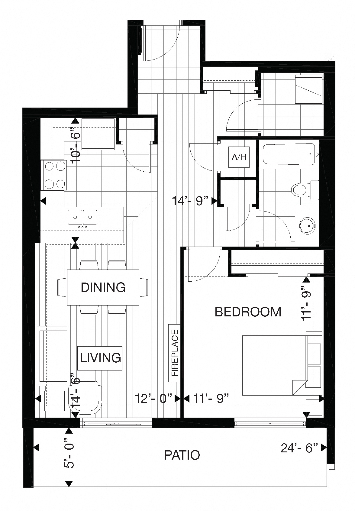 Floor plan for 1 bed, 1 bath, 760 sqft