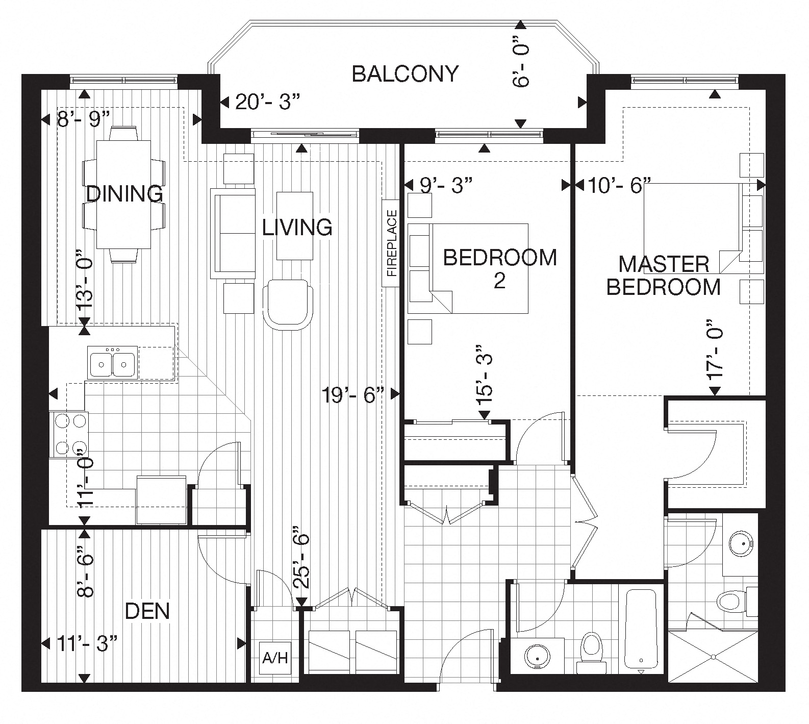 Floor plan for 2 beds, 2 baths
