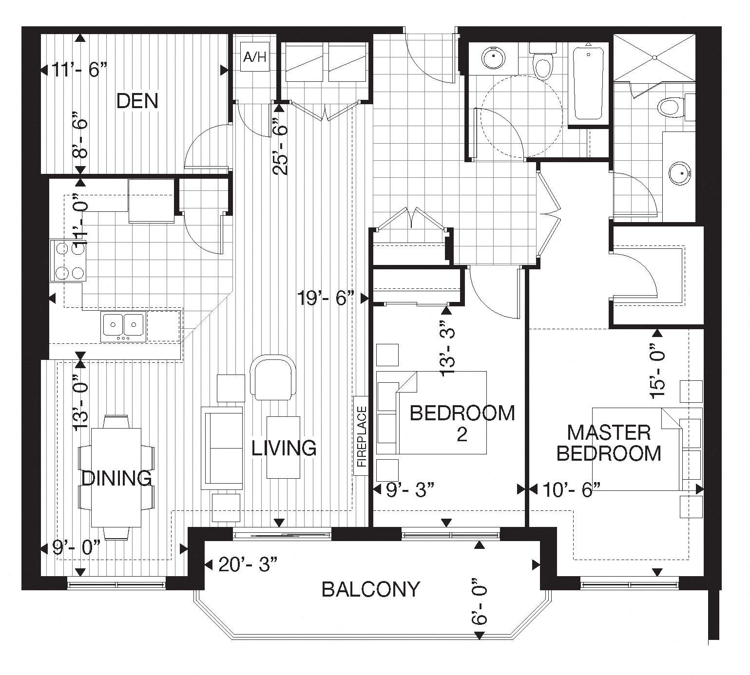 Floor plan for 2 beds, 2 baths, 1345 sqft
