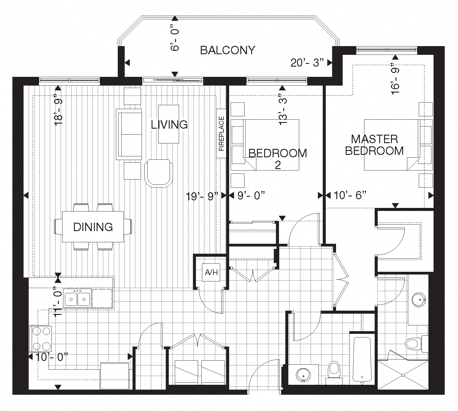 Floor plan for 2 beds, 2 baths