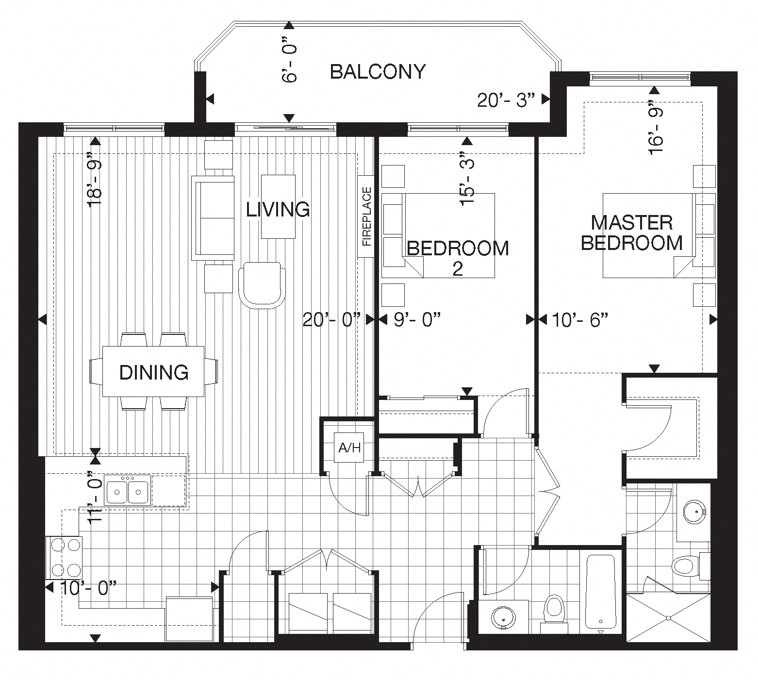 Floor plan for 2 beds, 2 baths, 1310 sqft