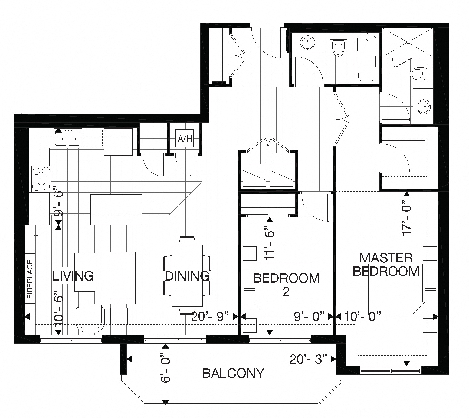 Floor plan for 2 beds, 2 baths, 1150 sqft