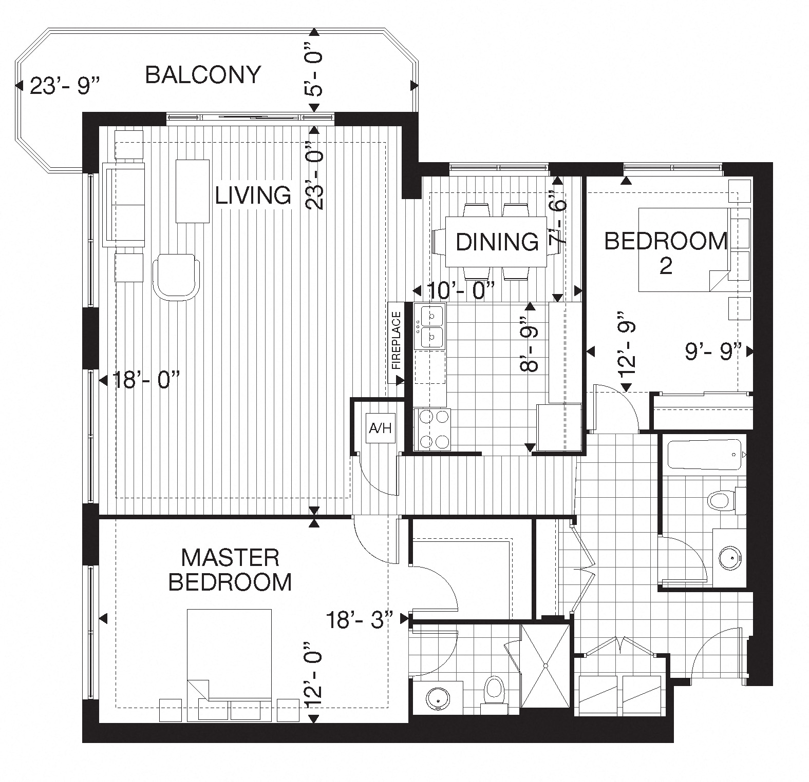 Floor plan for 2 beds, 2 baths, 1420 sqft
