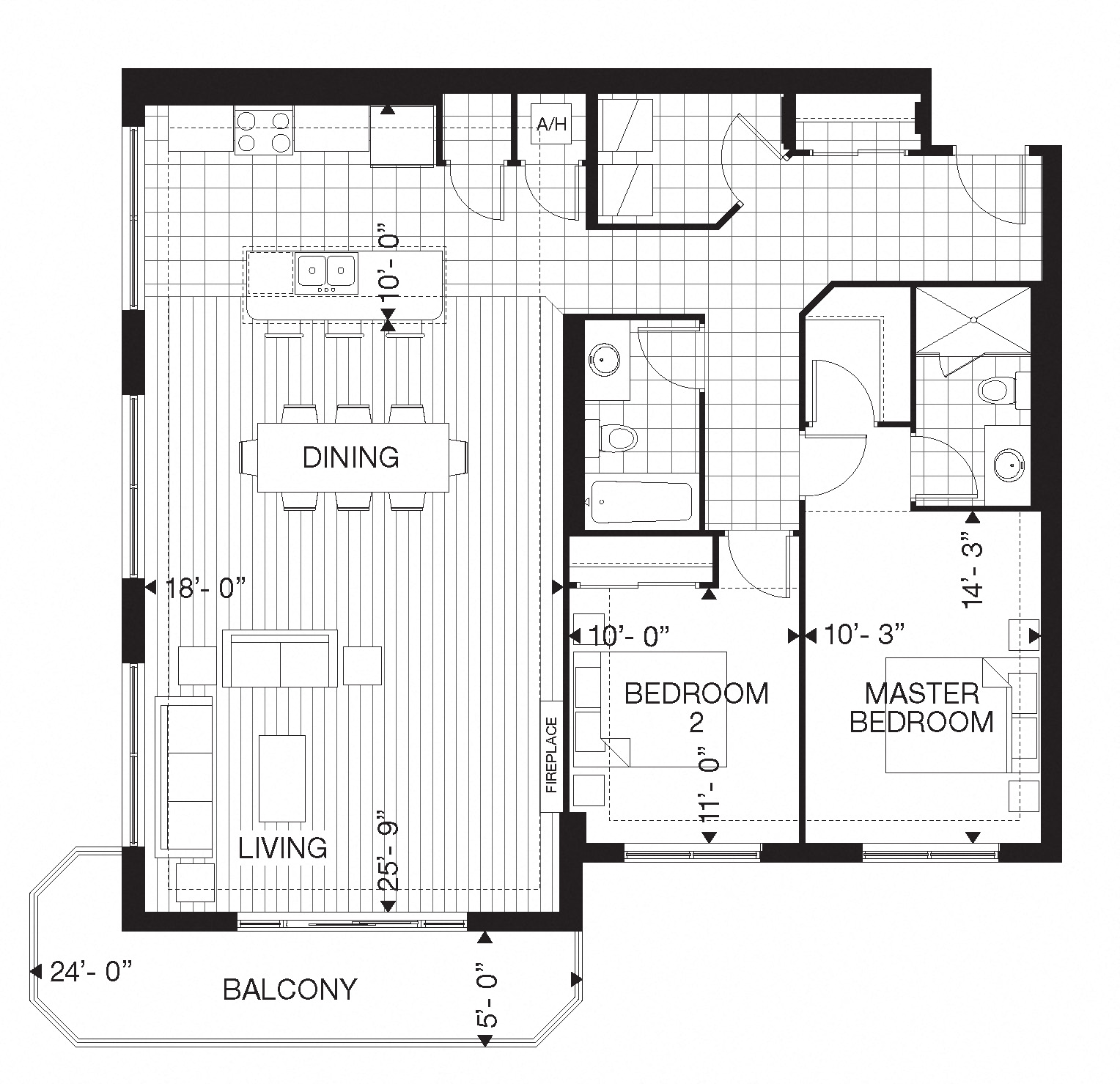Floor plan for 2 beds, 2 baths, 1420 sqft