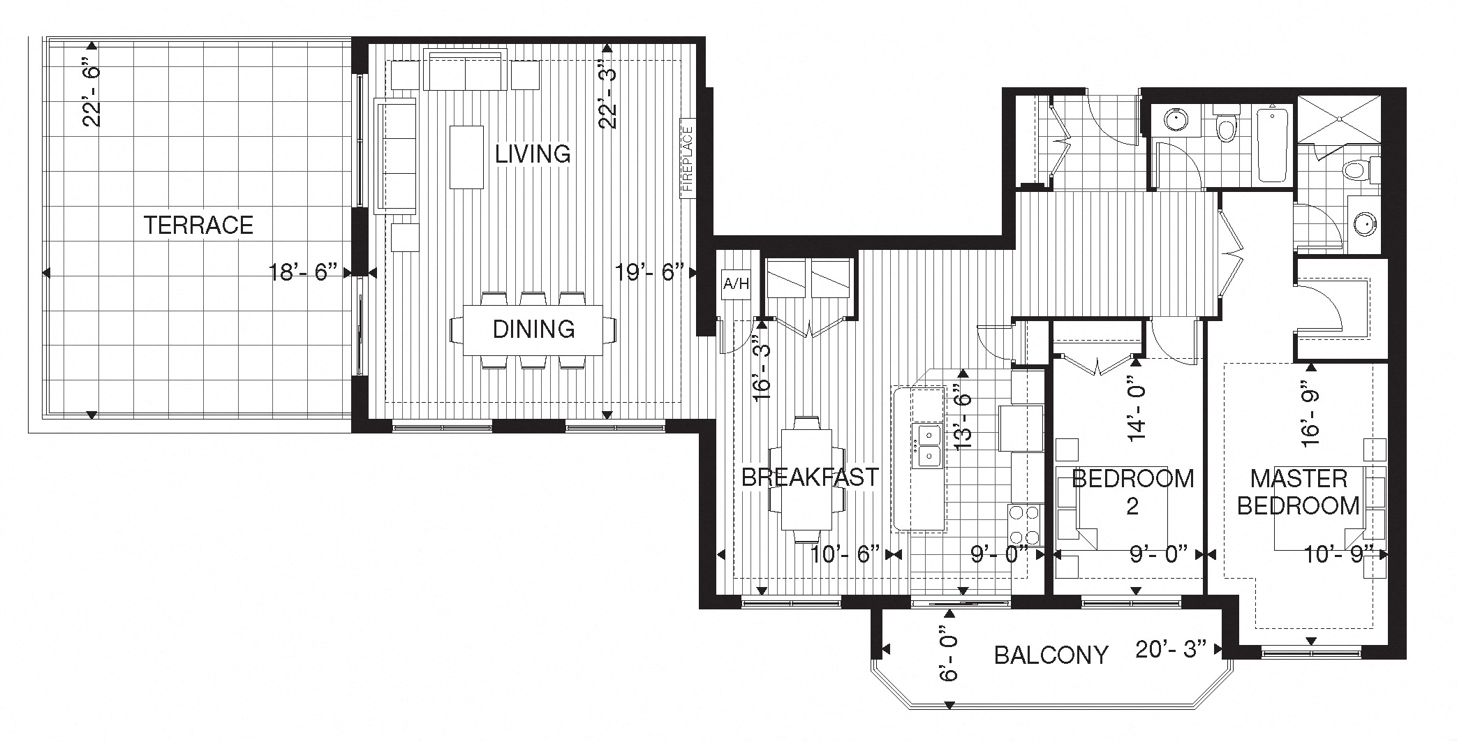Floor plan for 2 beds, 2 baths, 1647 sqft
