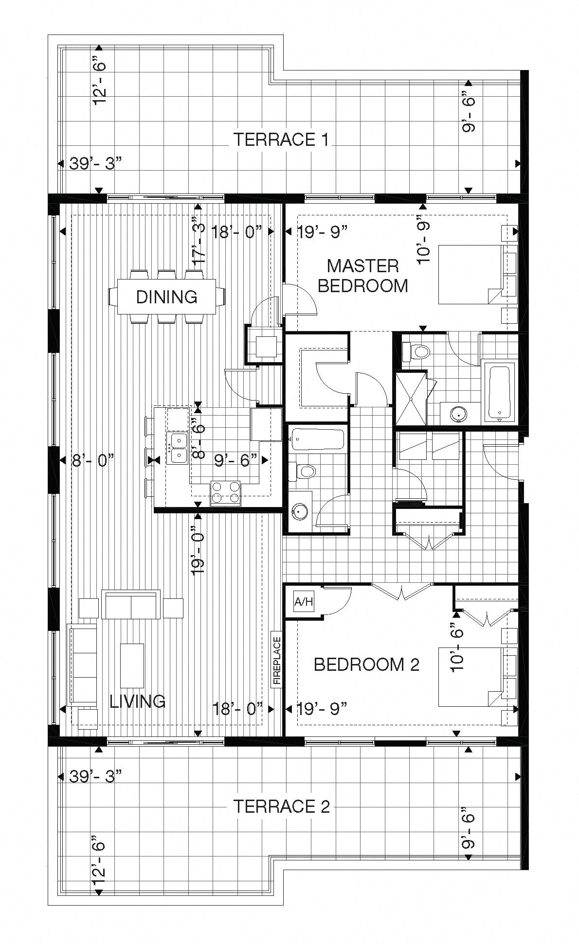 Floor plan for 2 beds, 2 baths, 1900 sqft