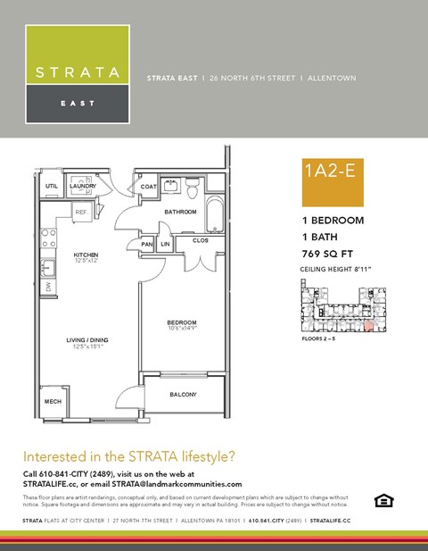 Floor plan for 1 bed, 1 bath, 769 sqft
