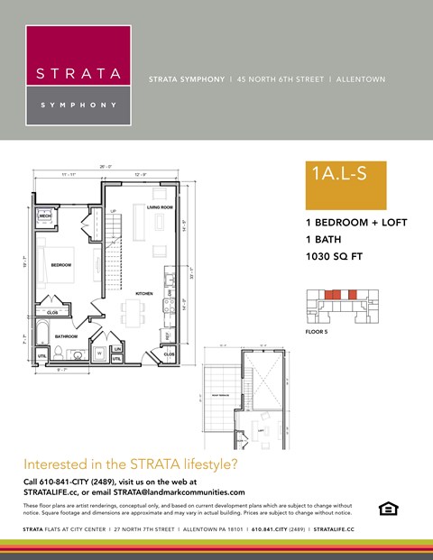 Floor plan for 1 bed, 1 bath, 1030 sqft