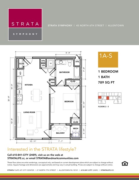 Floor plan for 1 bed, 1 bath, 830 sqft