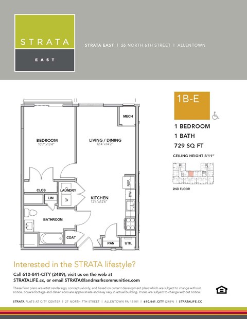 Floor plan for 1 bed, 1 bath, 729 sqft