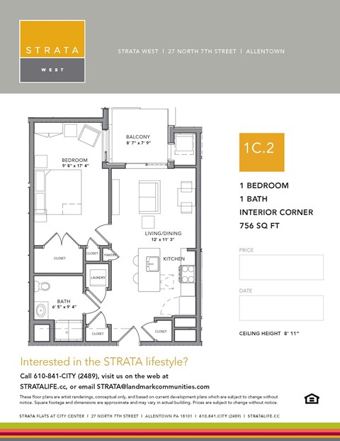Floor plan for 1 bed, 1 bath, 756 sqft