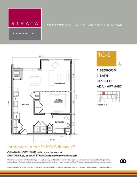 Floor plan for 1 bed, 1 bath, 816 sqft