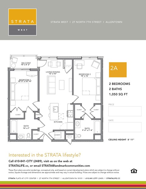 Floor plan for 2 beds, 2 baths, 1050 sqft