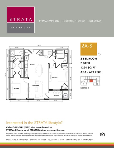 Floor plan for 2 beds, 2 baths, 1224 sqft