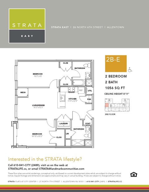 Floor plan for 2 beds, 2 baths, 1056 sqft