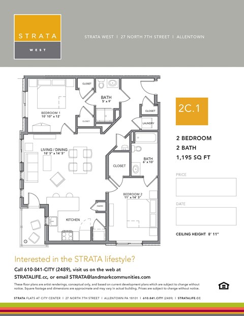 Floor plan for 2 beds, 2 baths, 1195 sqft