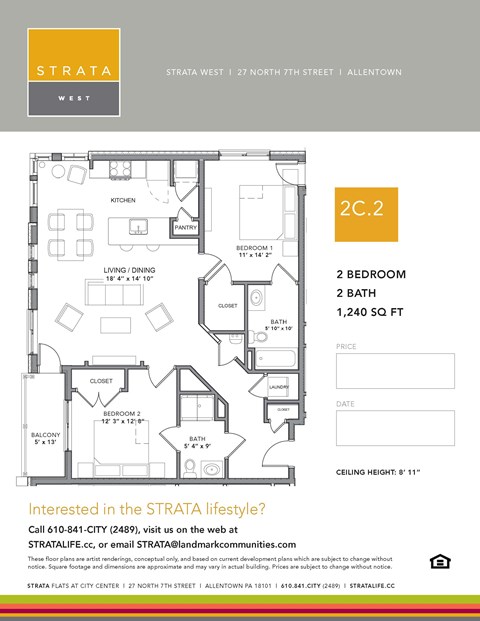Floor plan for 2 beds, 2 baths, 1240 sqft