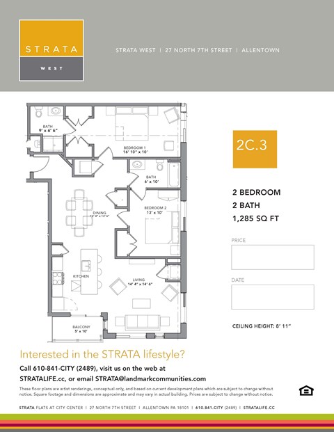 Floor plan for 2 beds, 2 baths, 1285 sqft