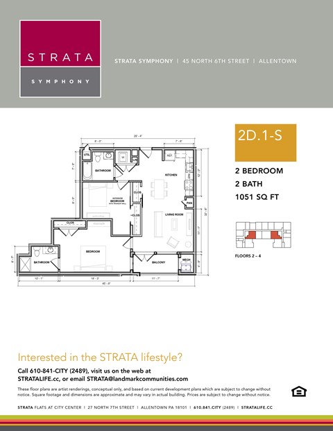 Floor plan for 2 beds, 2 baths, 1051 sqft