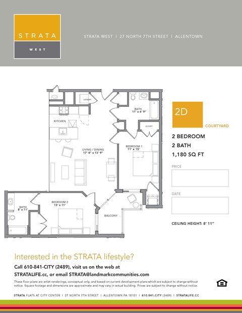 Floor plan for 2 beds, 2 baths, 1180 sqft