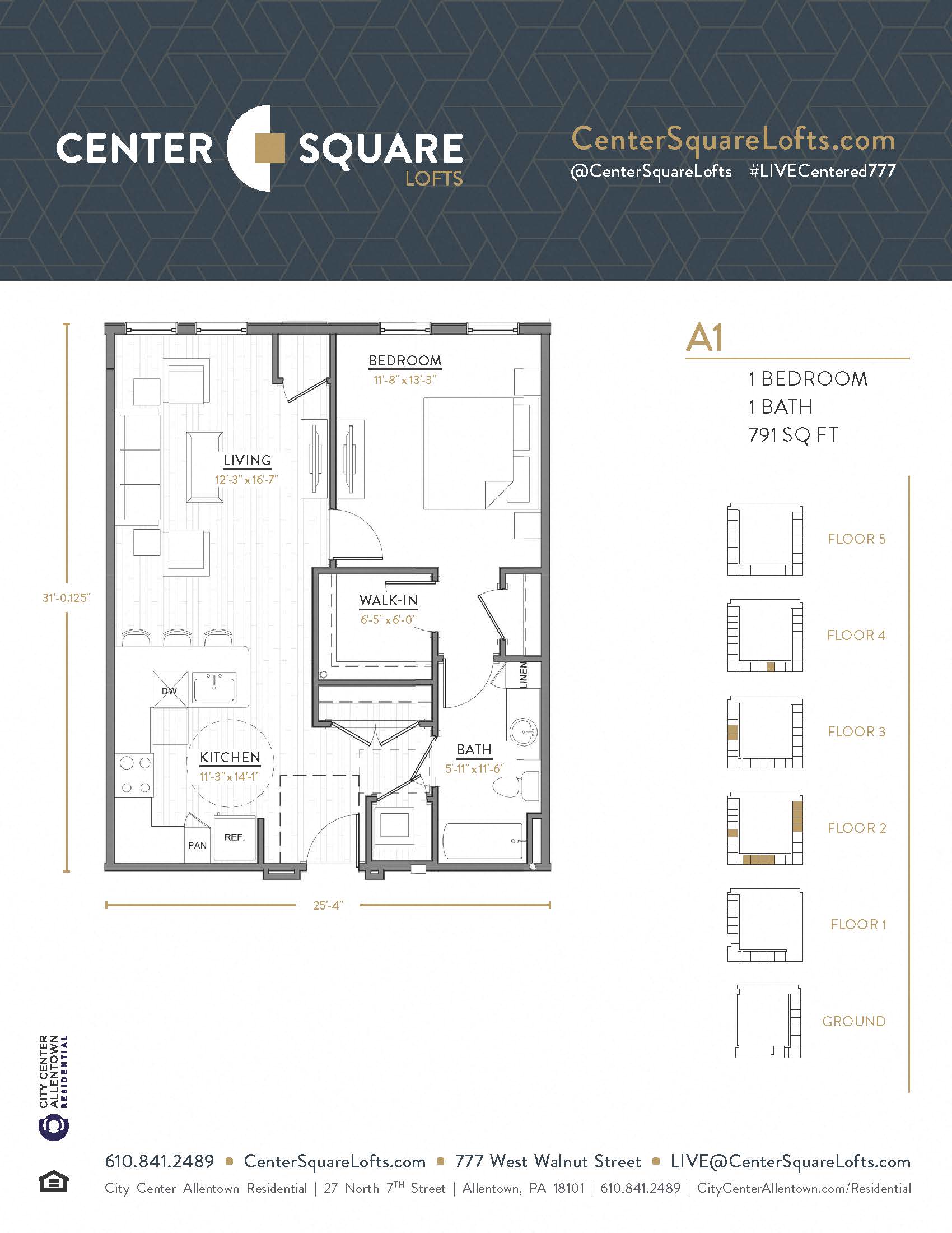 Floor plan for 1 bed, 1 bath, 791 sqft