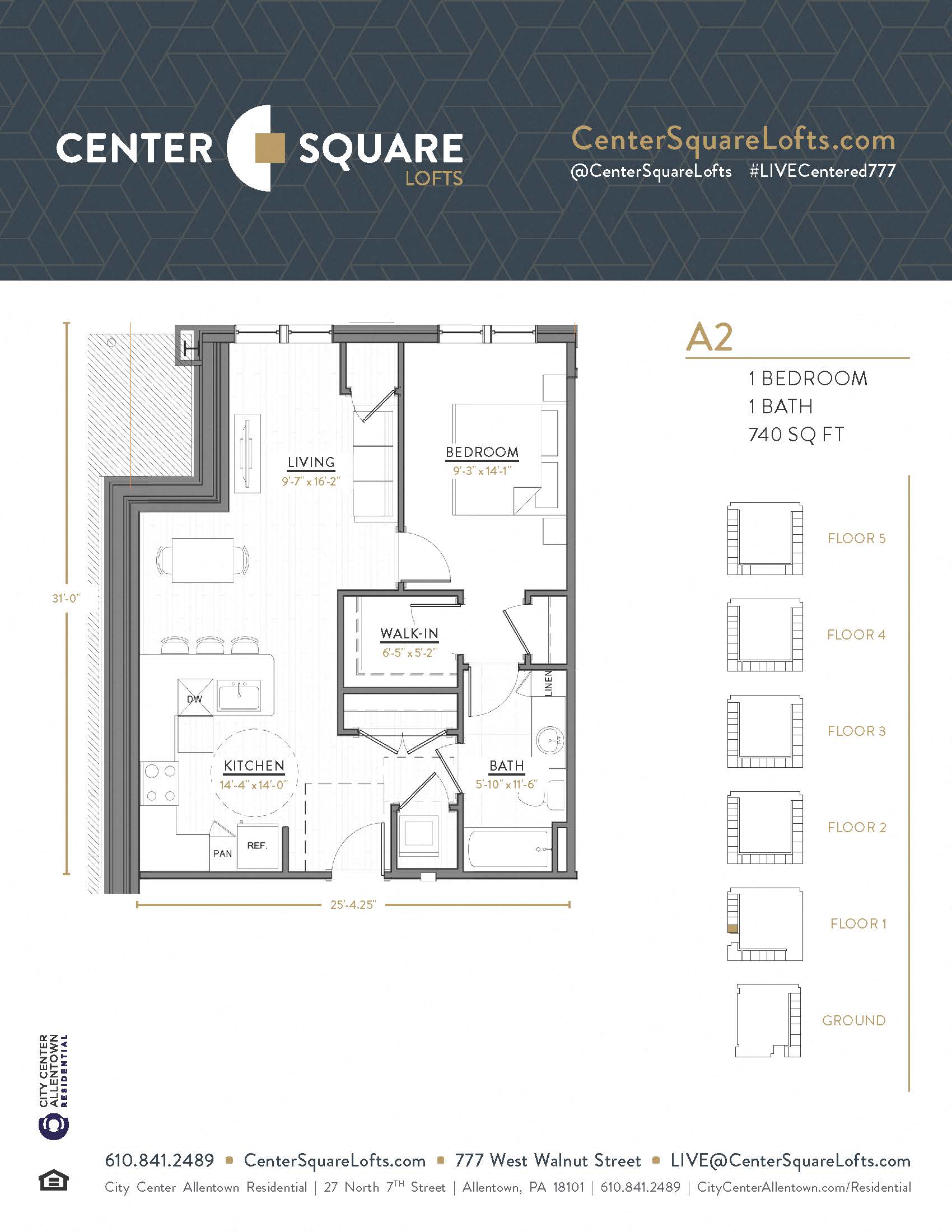 Floor plan for 1 bed, 1 bath, 740 sqft