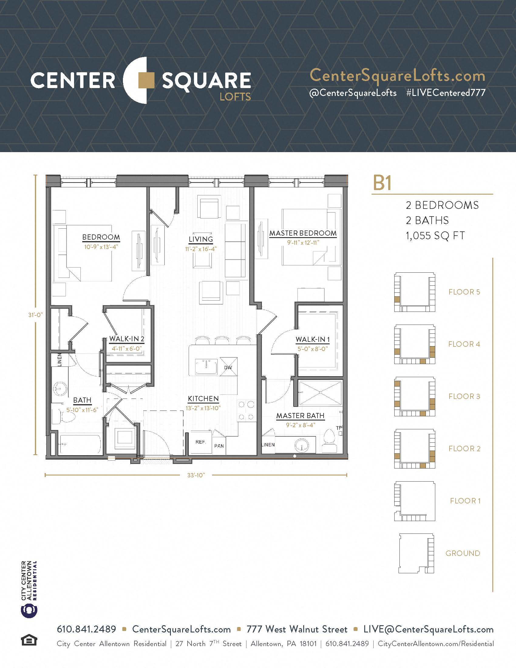 Floor plan for 2 beds, 2 baths, 1055 sqft