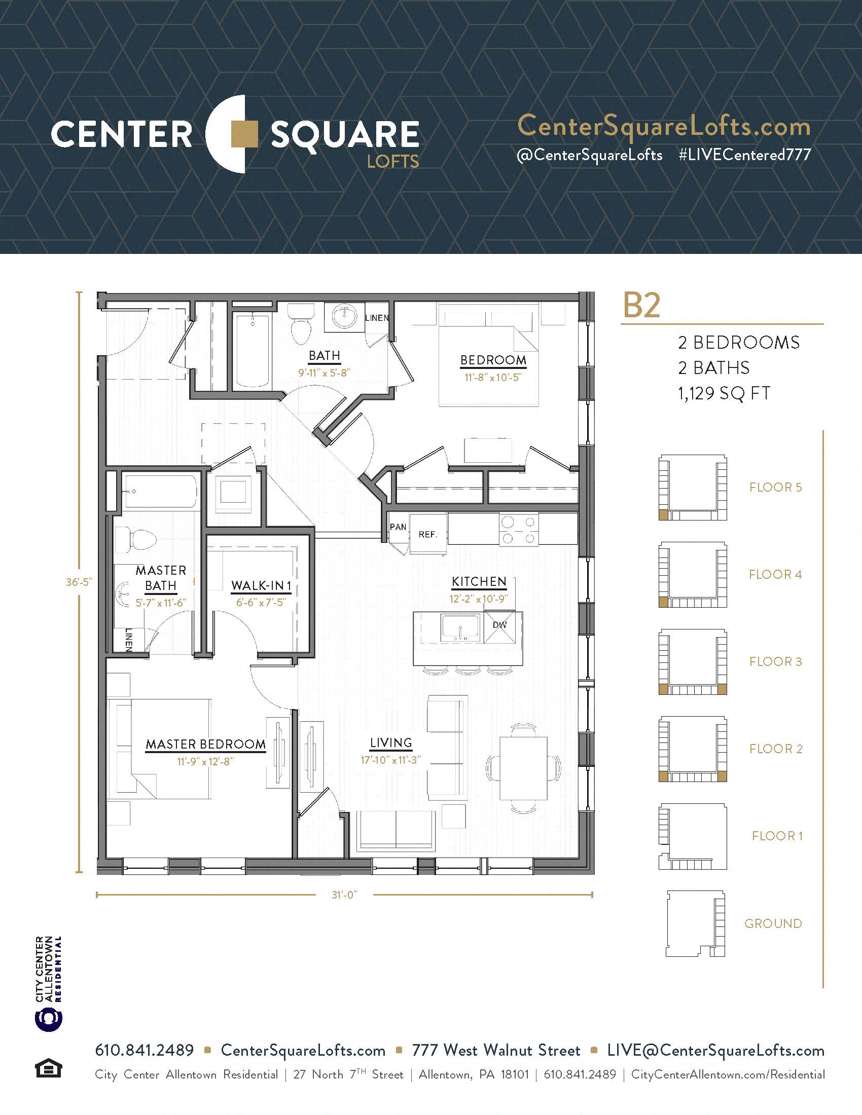 Floor plan for 2 beds, 2 baths, 1129 sqft
