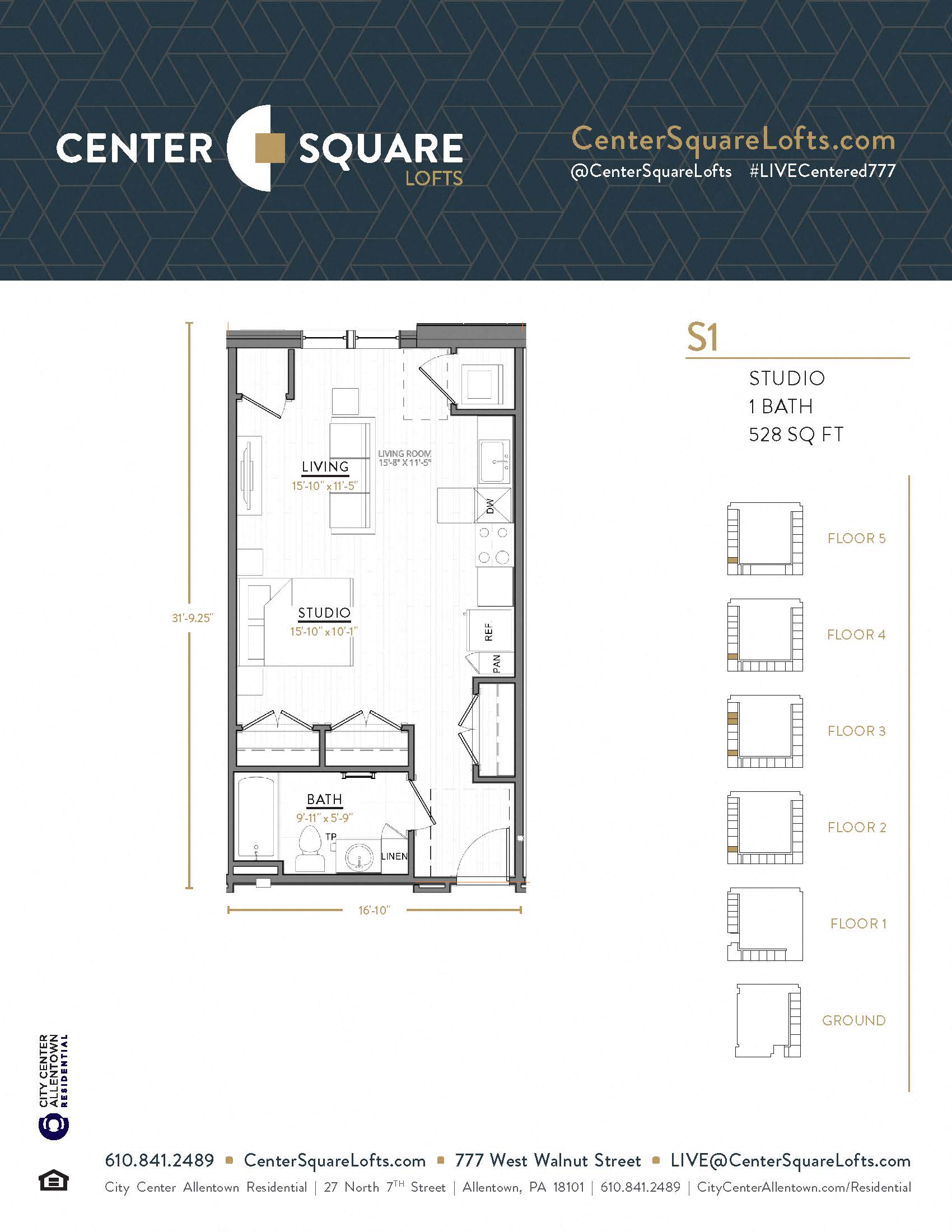 Floor plan for studio, 1 bath, 528 sqft