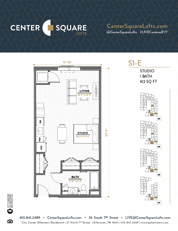 Floor plan for studio, 1 bath, 612 sqft