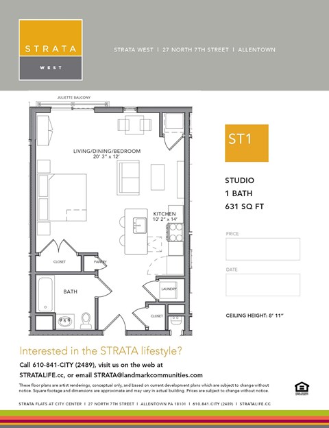 Floor plan for studio, 1 bath, 631 sqft