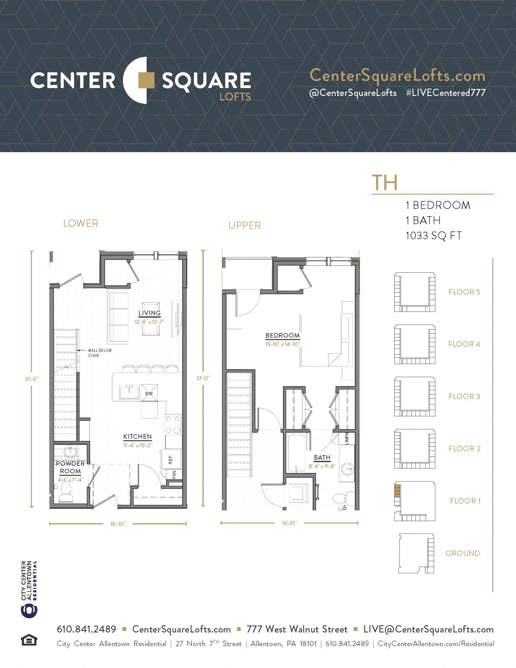 Floor plan for 1 bed, 1.5 baths, 1033 sqft