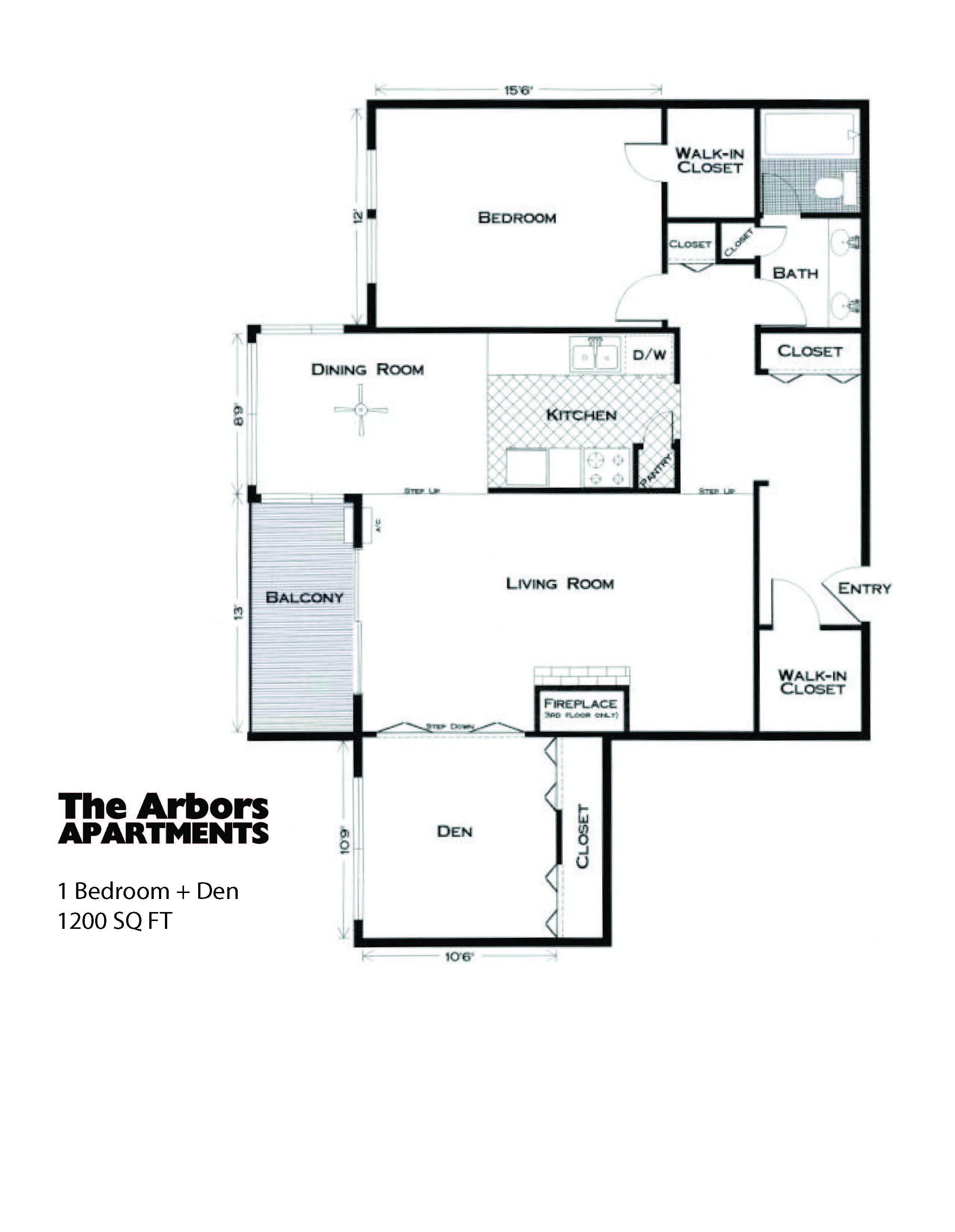 Floor plan for 1 bed, 1 bath, 1200 sqft