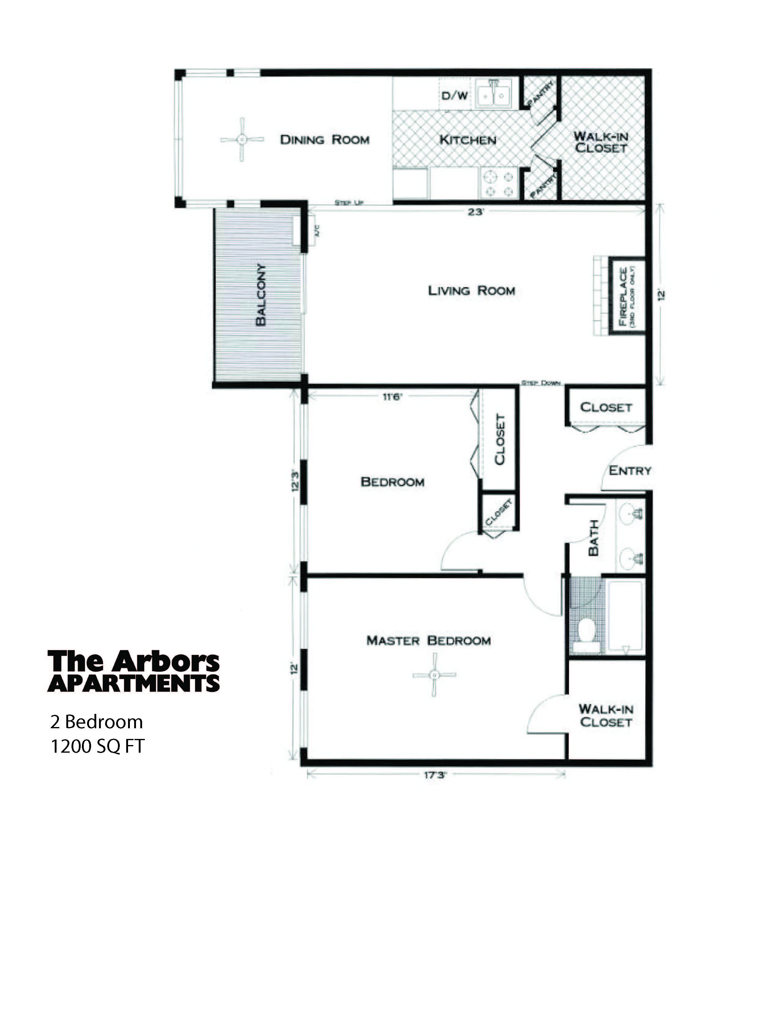Floor plan for 2 beds, 1 bath, 1200 sqft