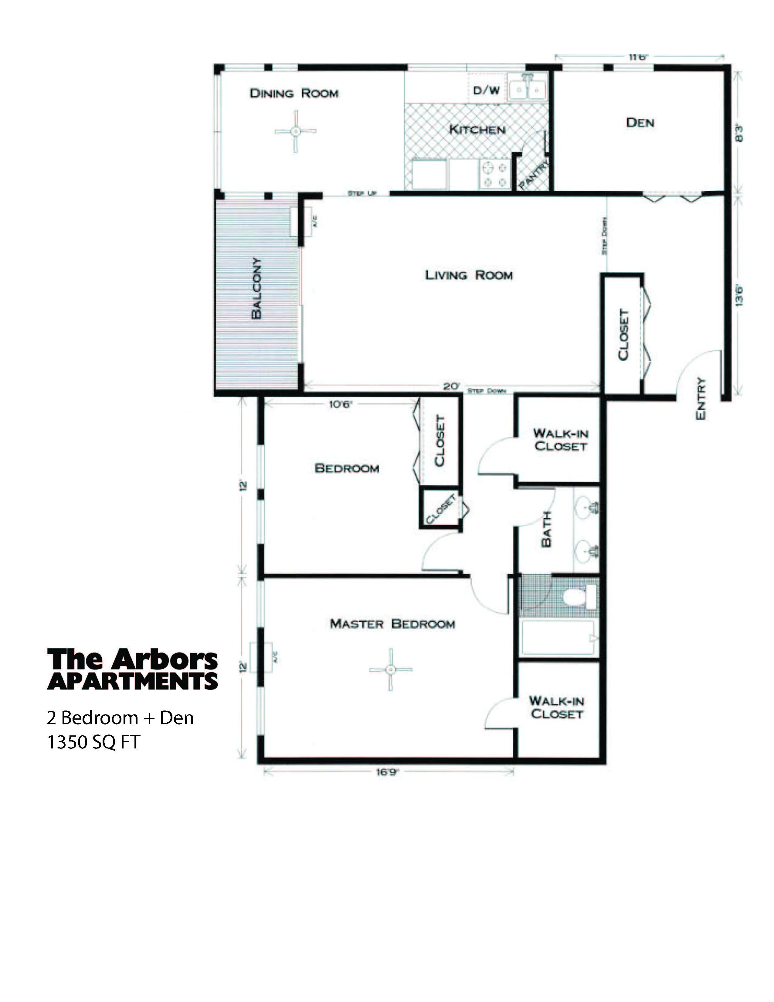 Floor plan for 2 beds, 1 bath, 1350 sqft