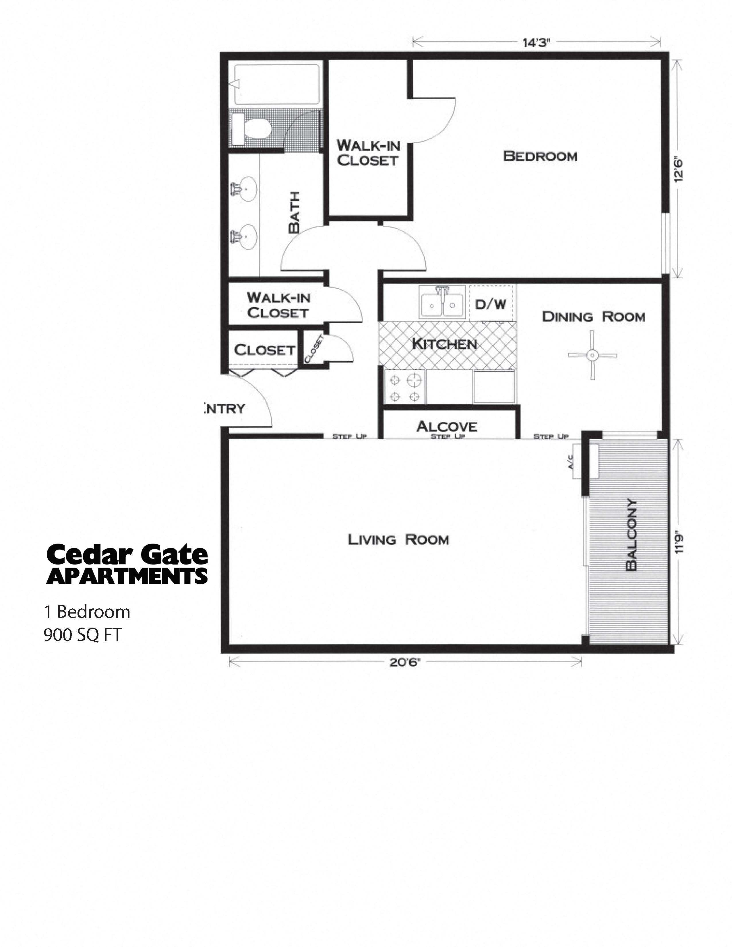 Floor plan for 1 bed, 1 bath, 900 sqft