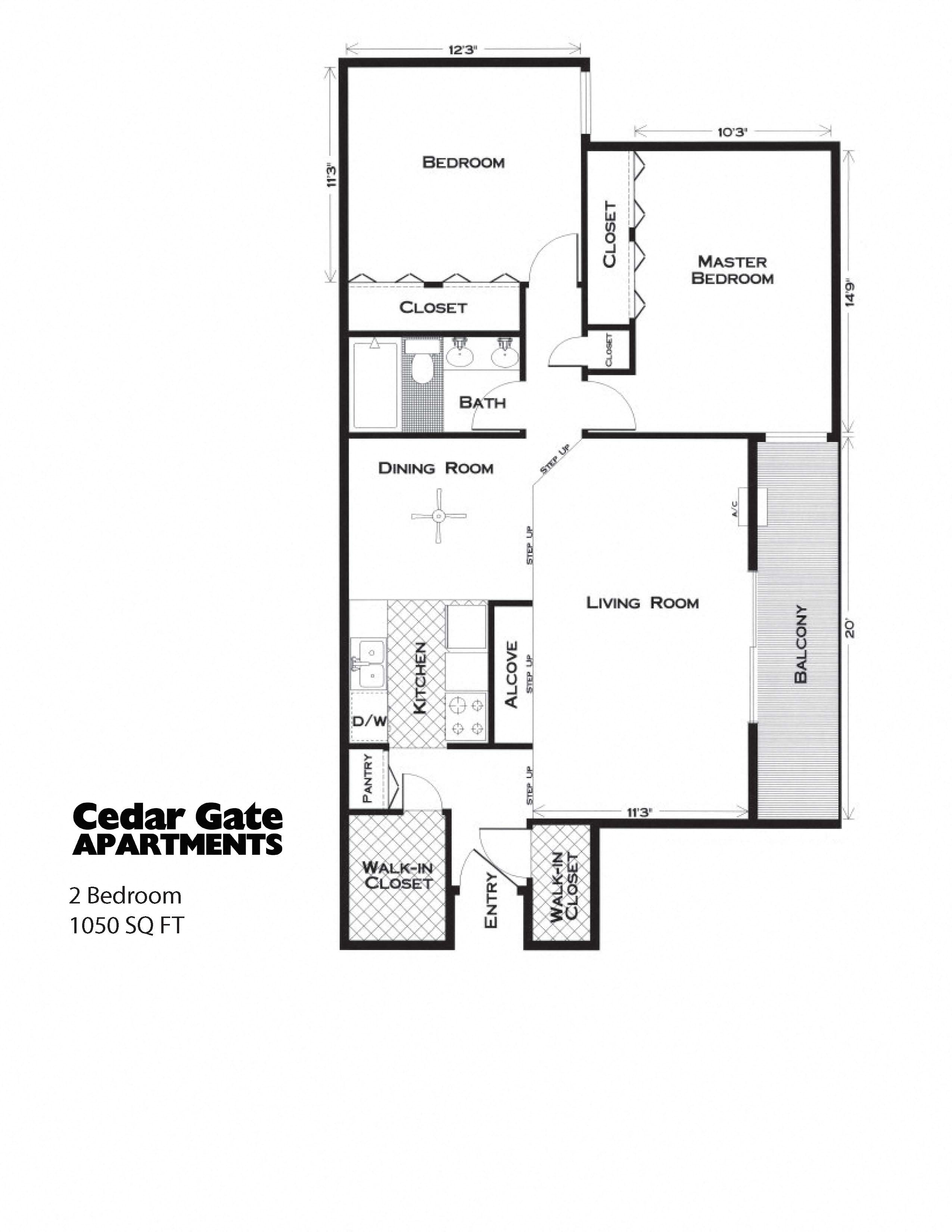 Floor plan for 2 beds, 1 bath, 1050 sqft