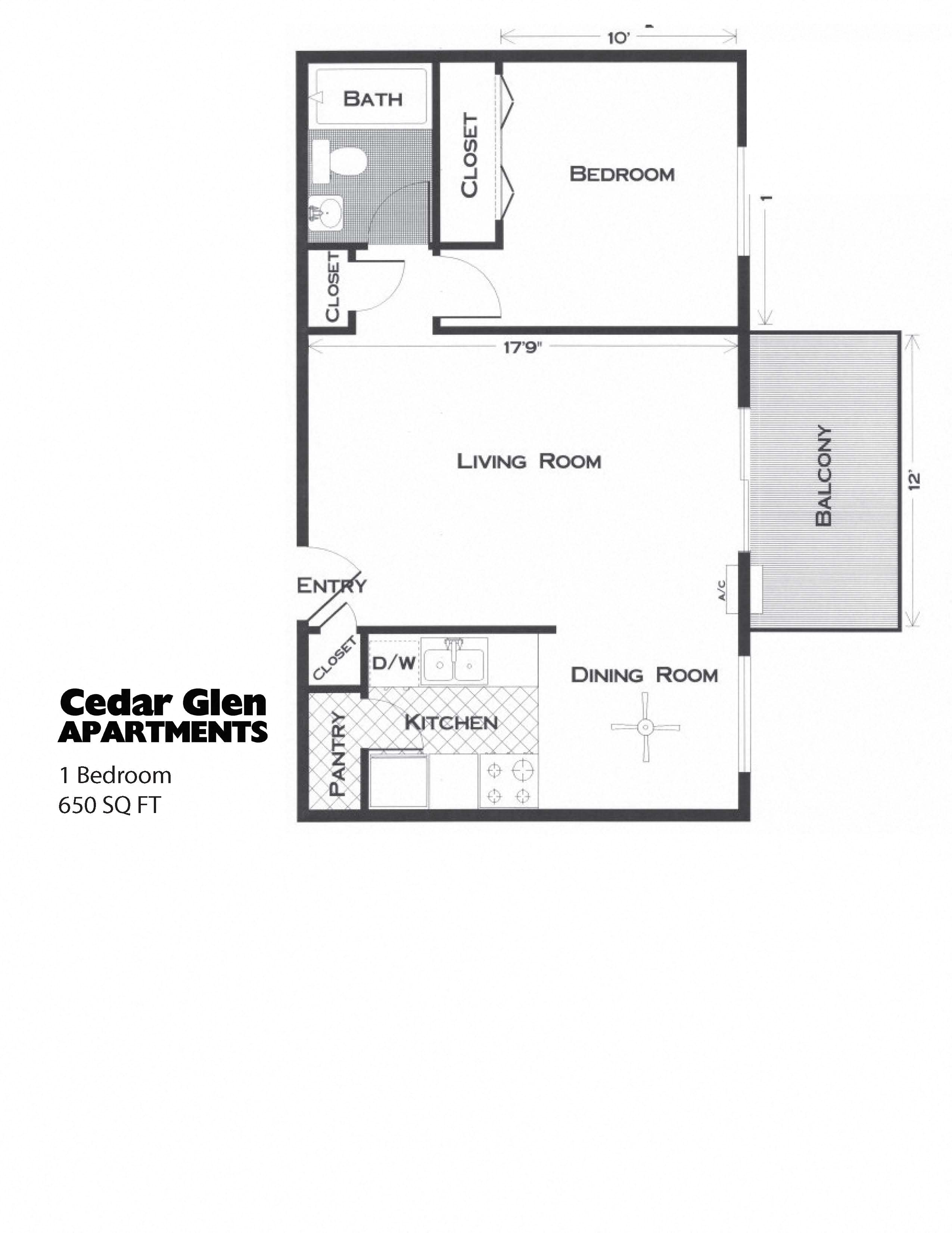 Floor plan for 1 bed, 1 bath, 650 sqft