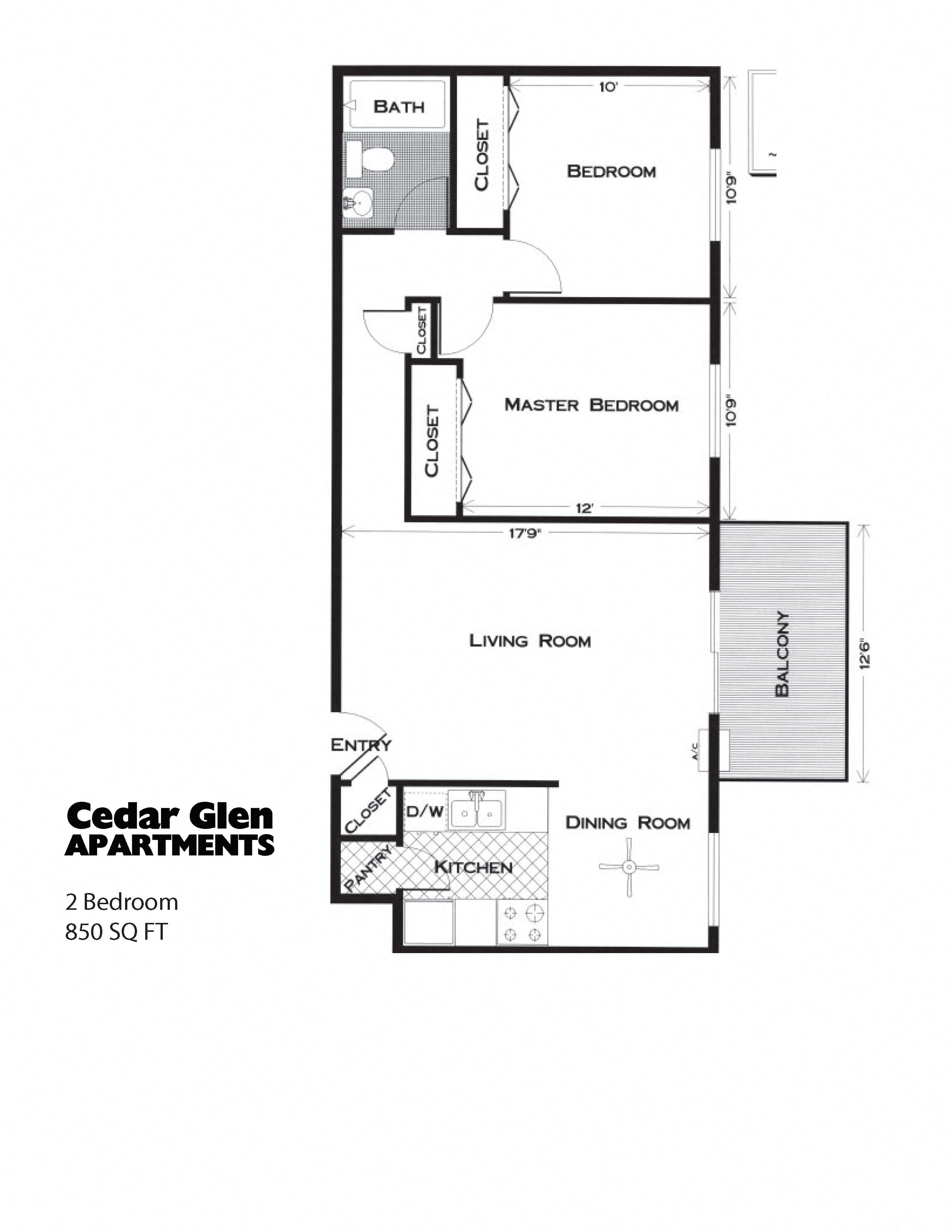 Floor plan for 2 beds, 1 bath, 850 sqft