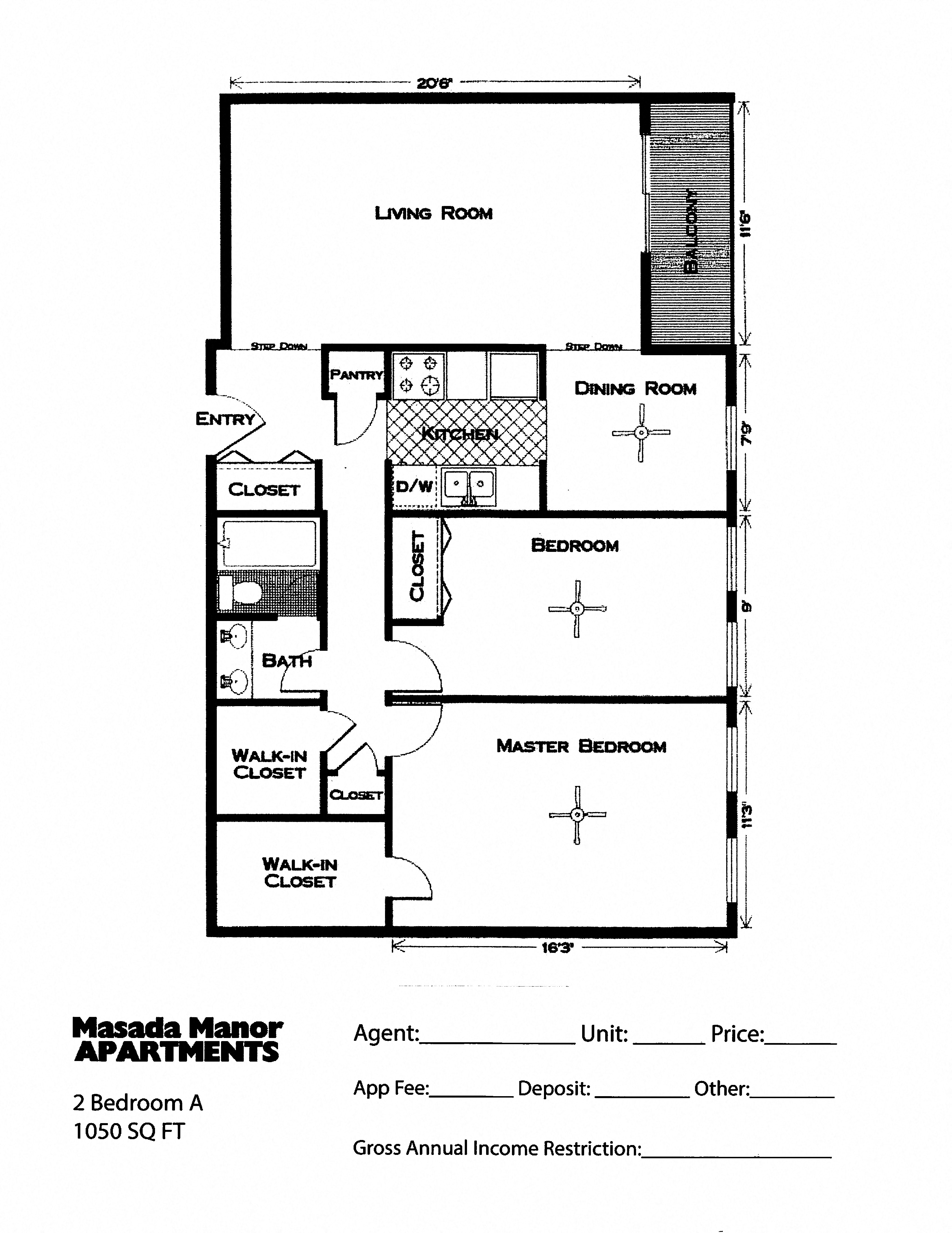 Floor plan for 2 beds, 1 bath, 1200 sqft