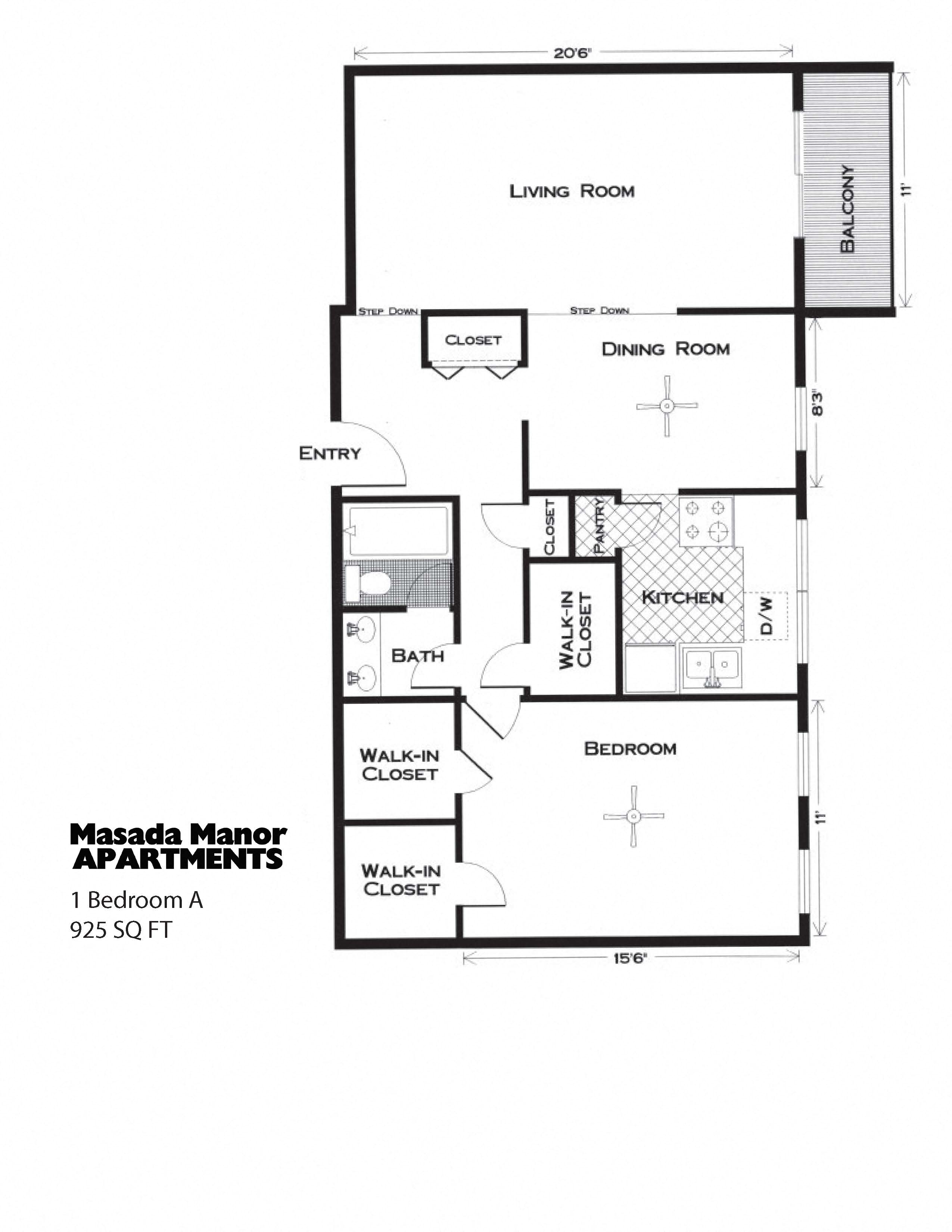 Floor plan for 1 bed, 1 bath, 925 sqft