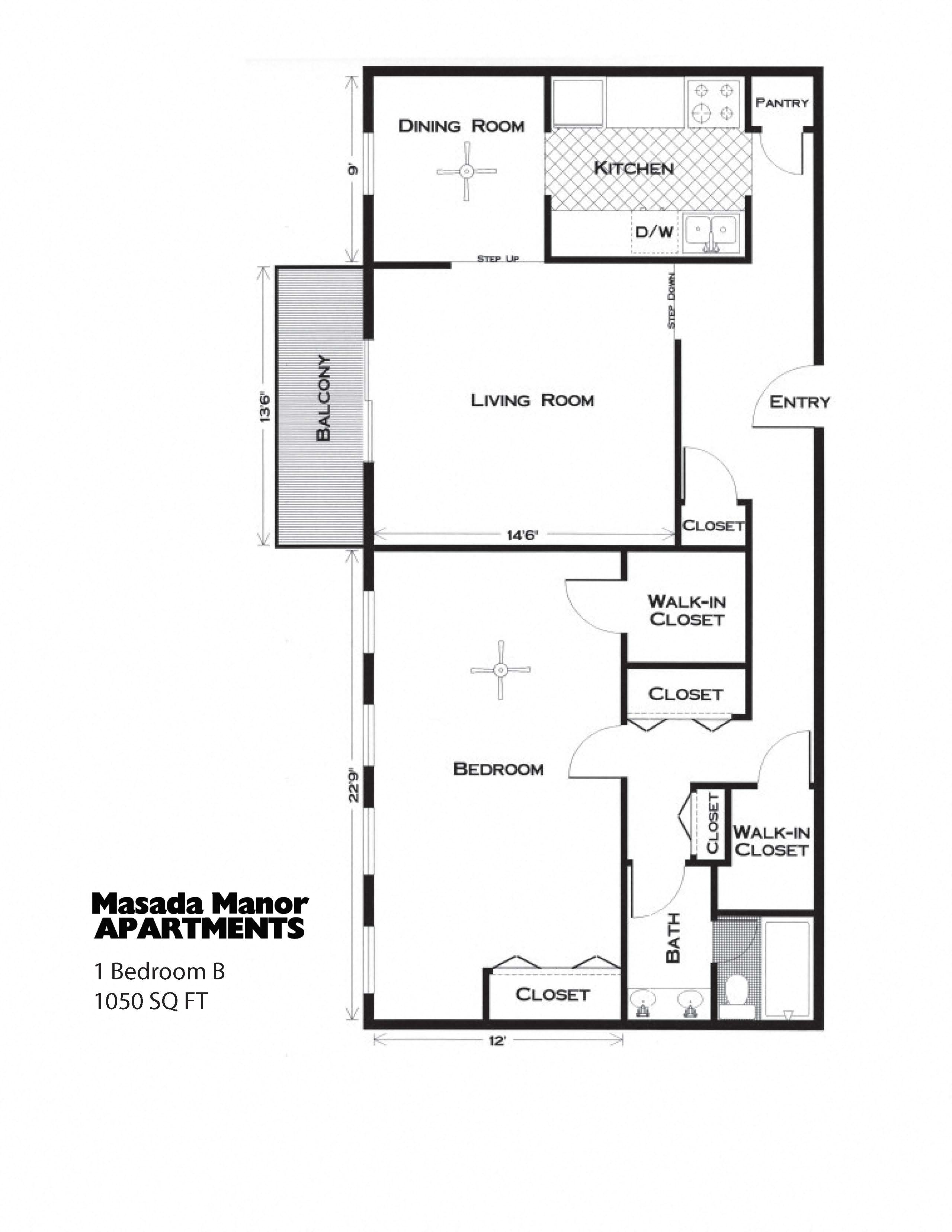 Floor plan for 1 bed, 1 bath, 1050 sqft