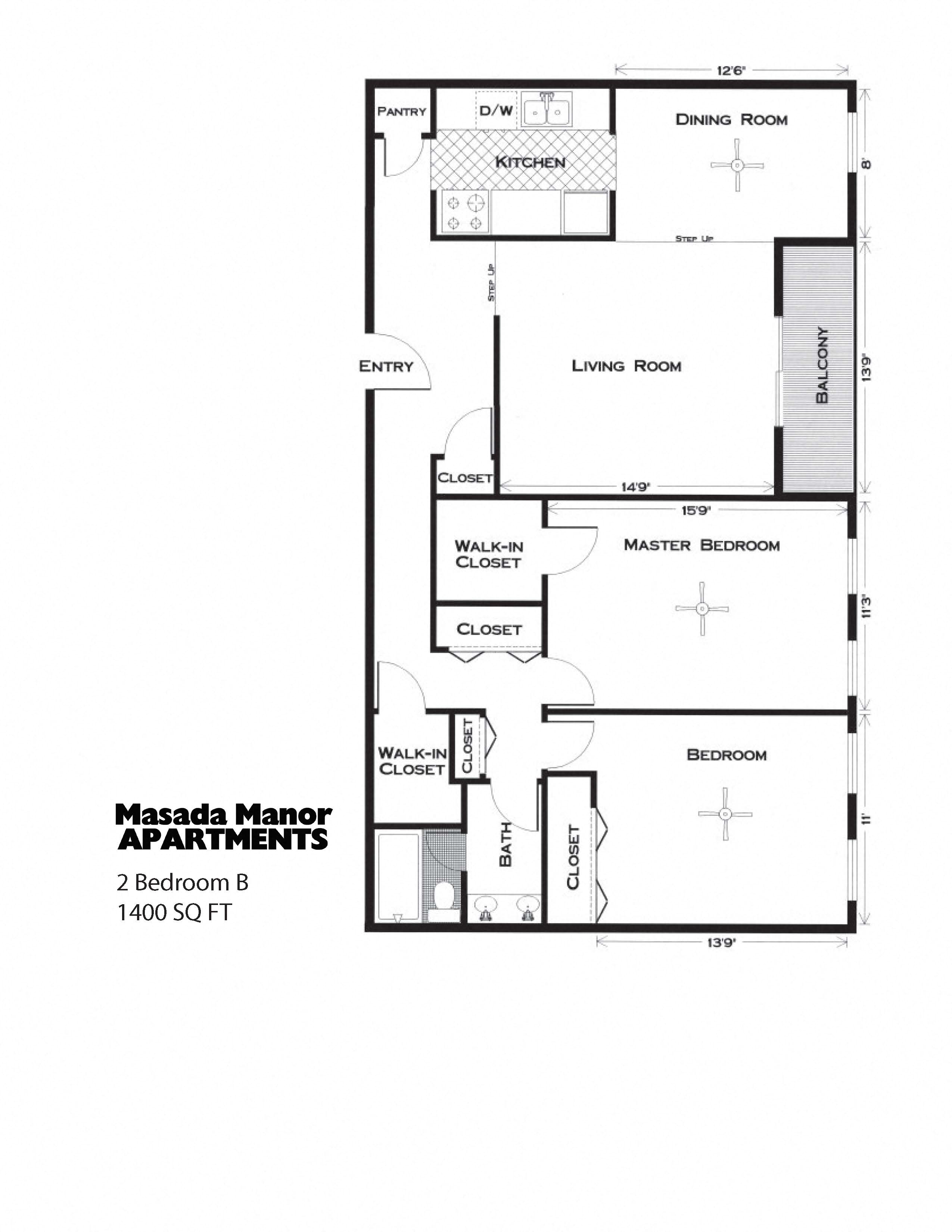 Floor plan for 2 beds, 1 bath, 1400 sqft