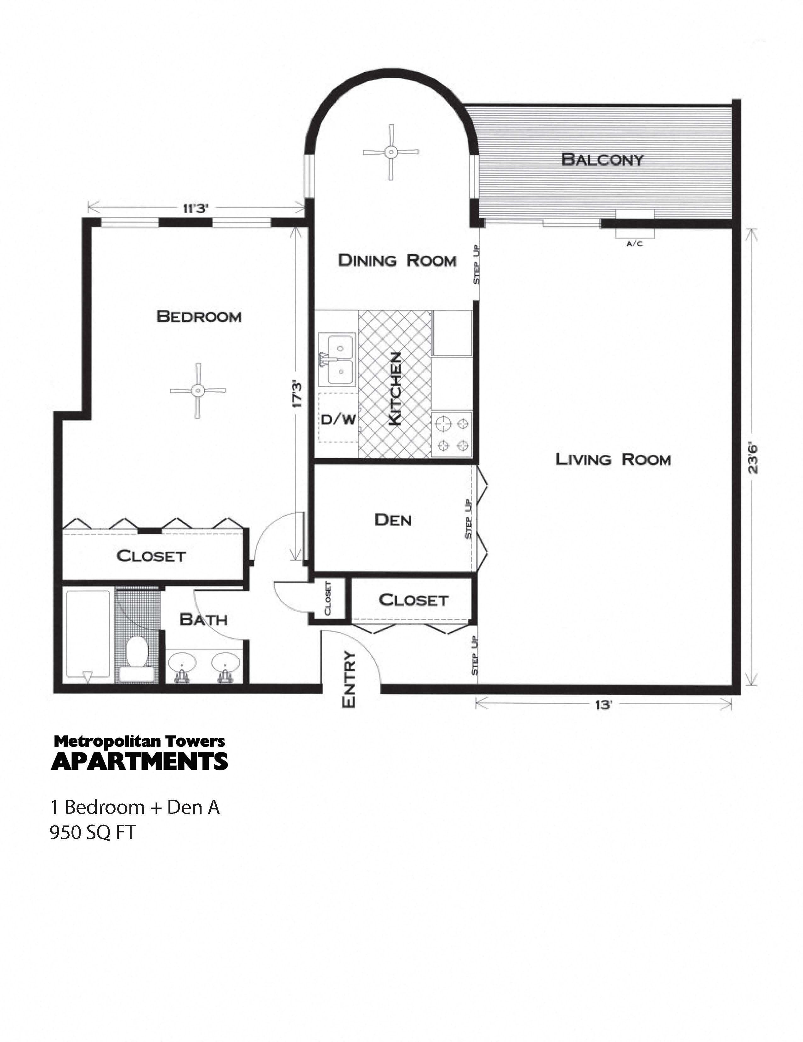 Floor plan for 1 bed, 1 bath, 950 sqft