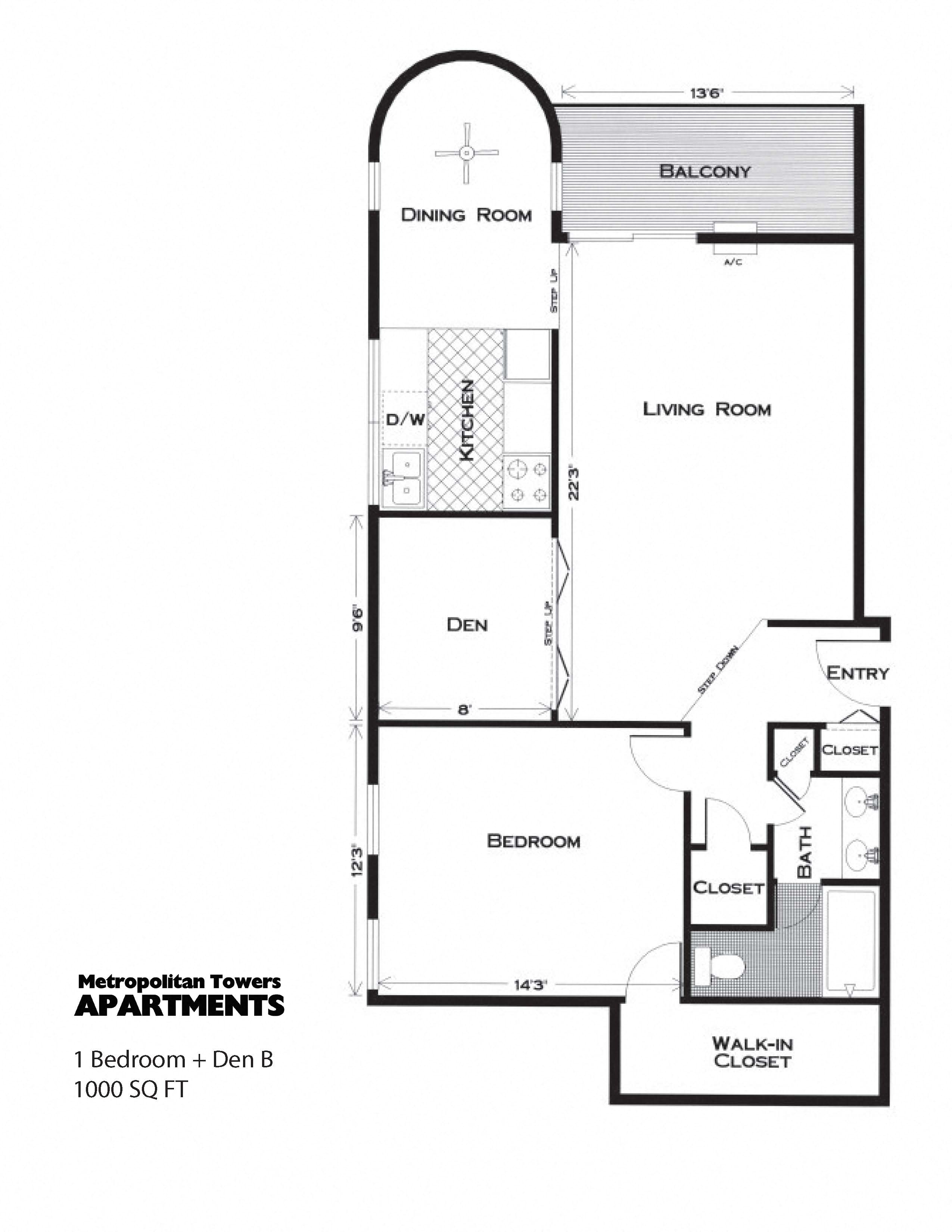 Floor plan for 1 bed, 1 bath, 1000 sqft