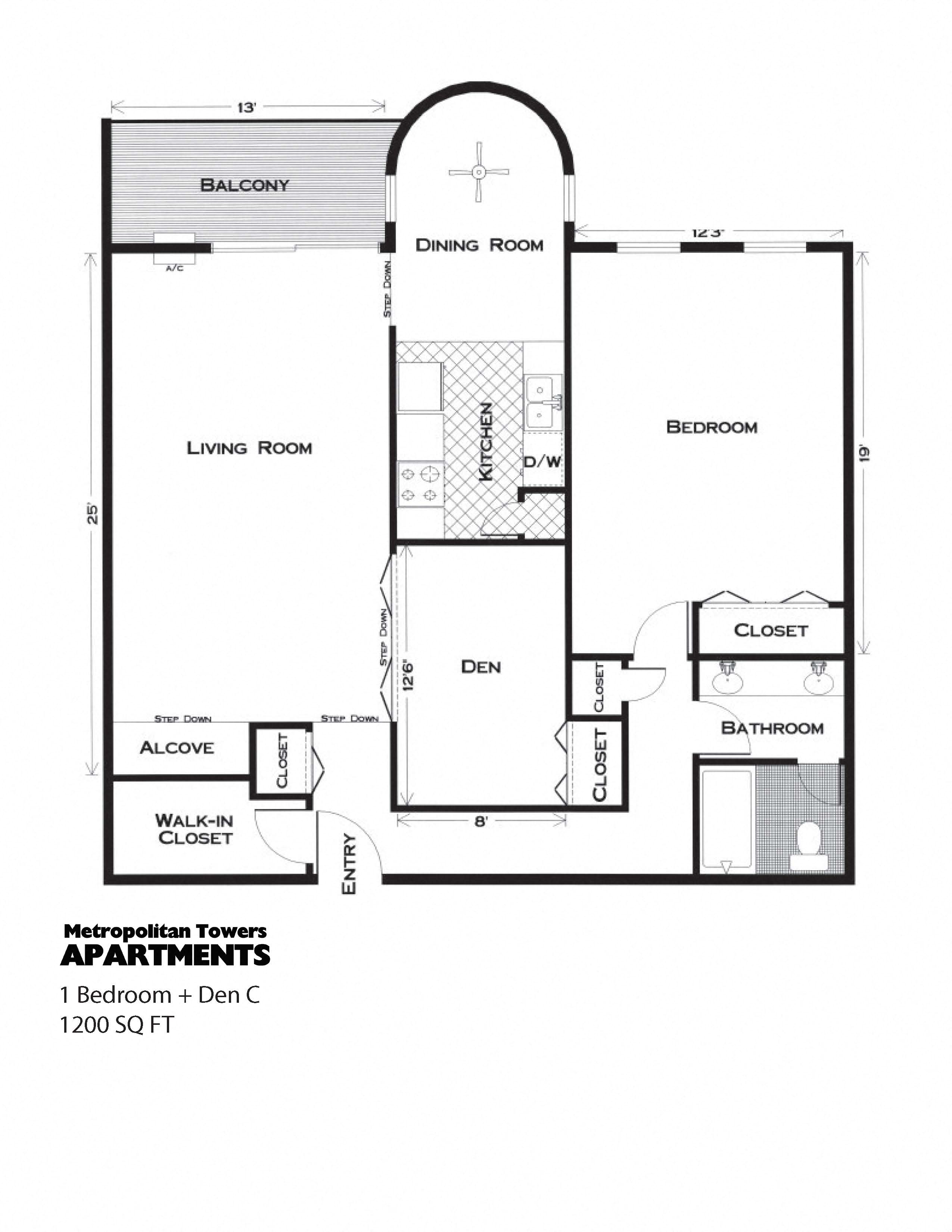 Floor plan for 1 bed, 1 bath, 1200 sqft